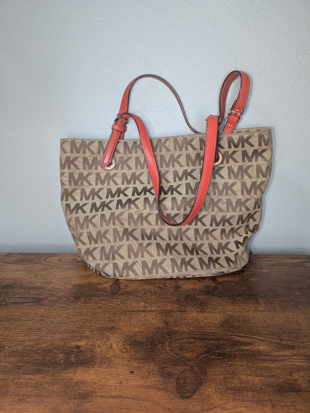 Michael Kors Brown Logo Tote with Coral Red Straps